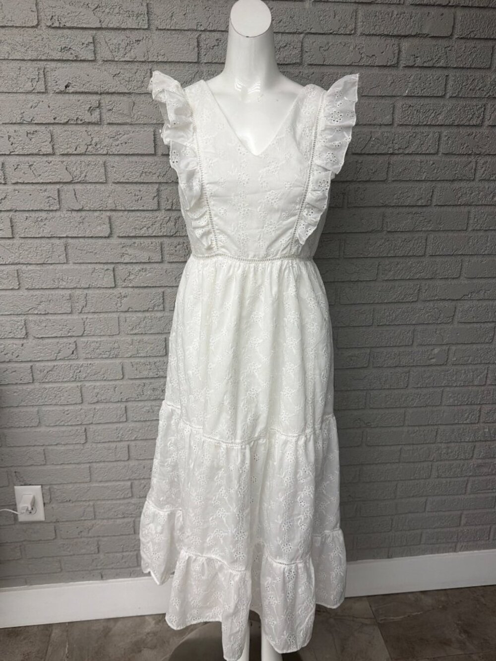 Shein Women's White Ruffle Detail Tiered Eyelet Dress Size 4
